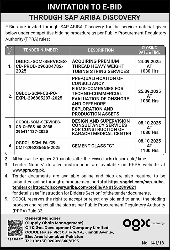 Oil & Gas Development Company Limited Islamabad Tender Notice